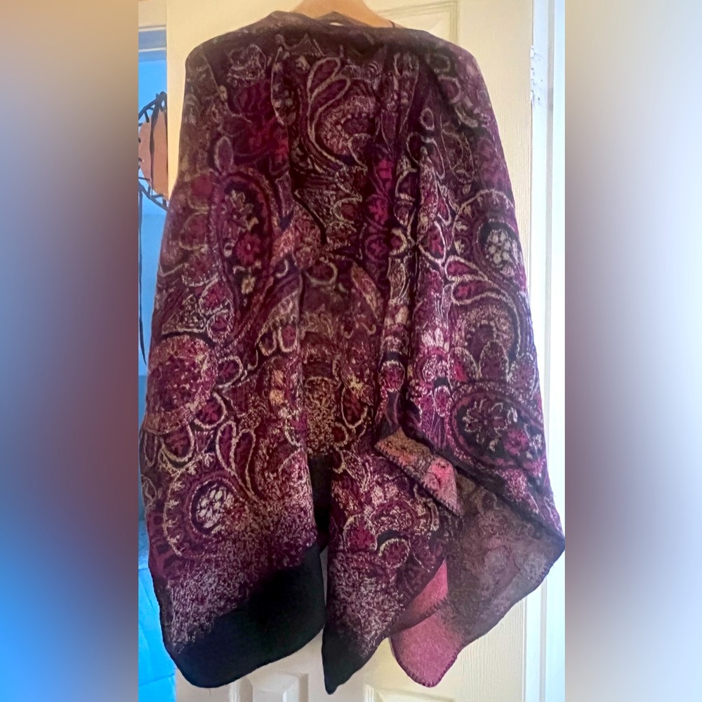 Wool shawl, cape from Laura. Maroon/burgundy base.